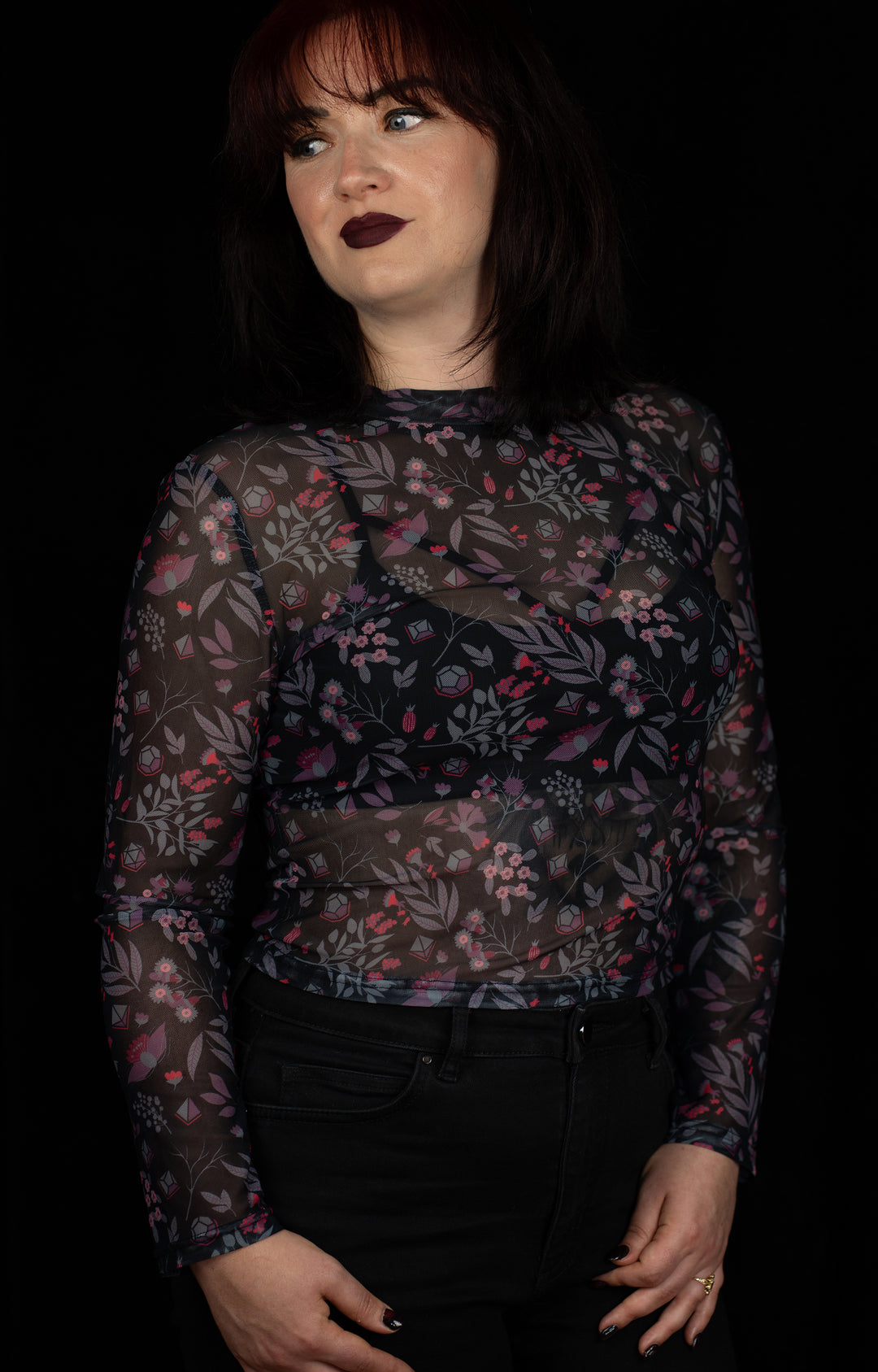 Dice Mesh Crop Top: Dark Floral