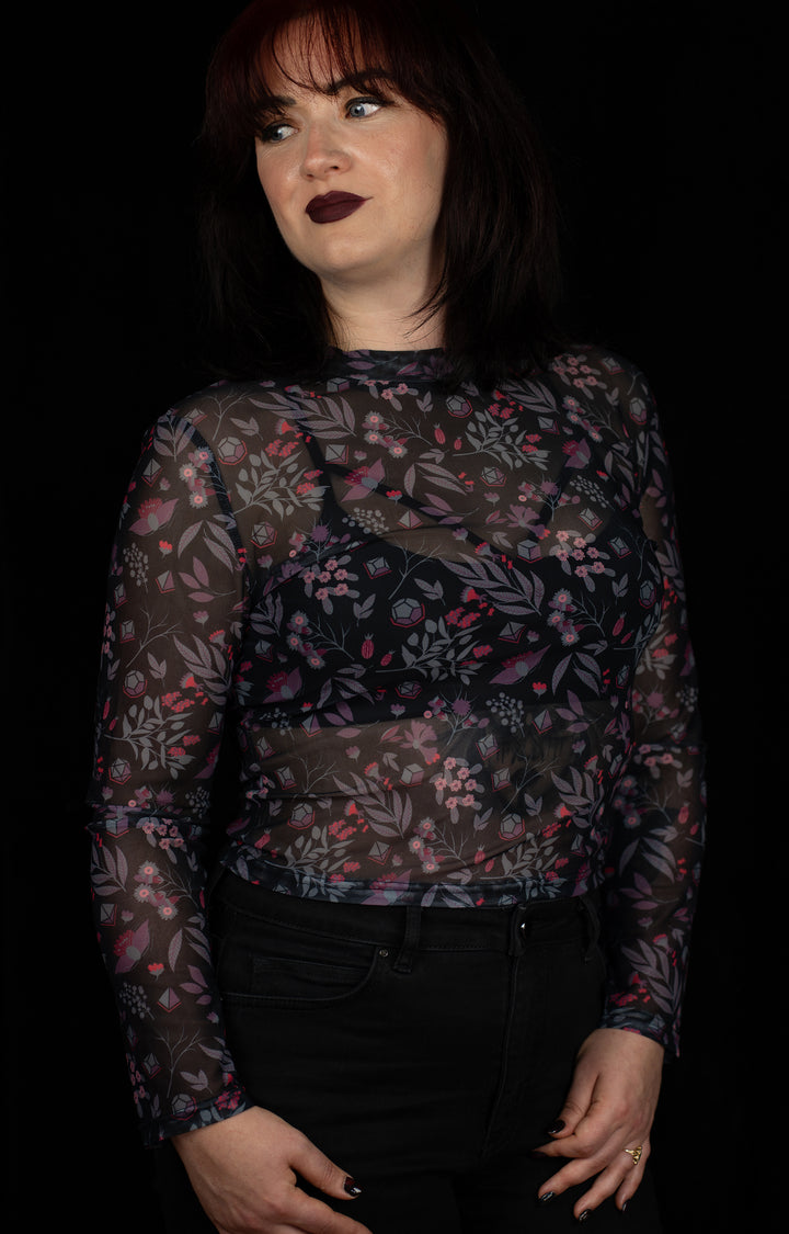 Dice Mesh Crop Top: Dark Floral