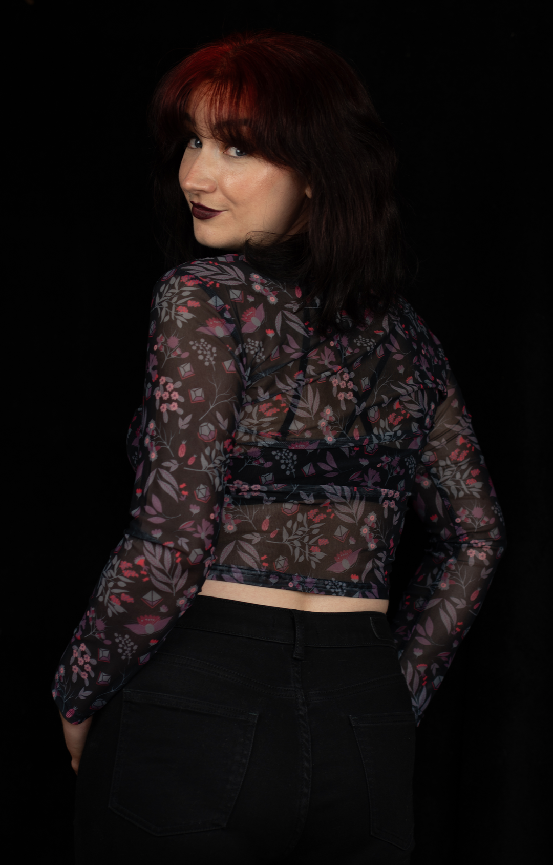 Dice Mesh Crop Top: Dark Floral