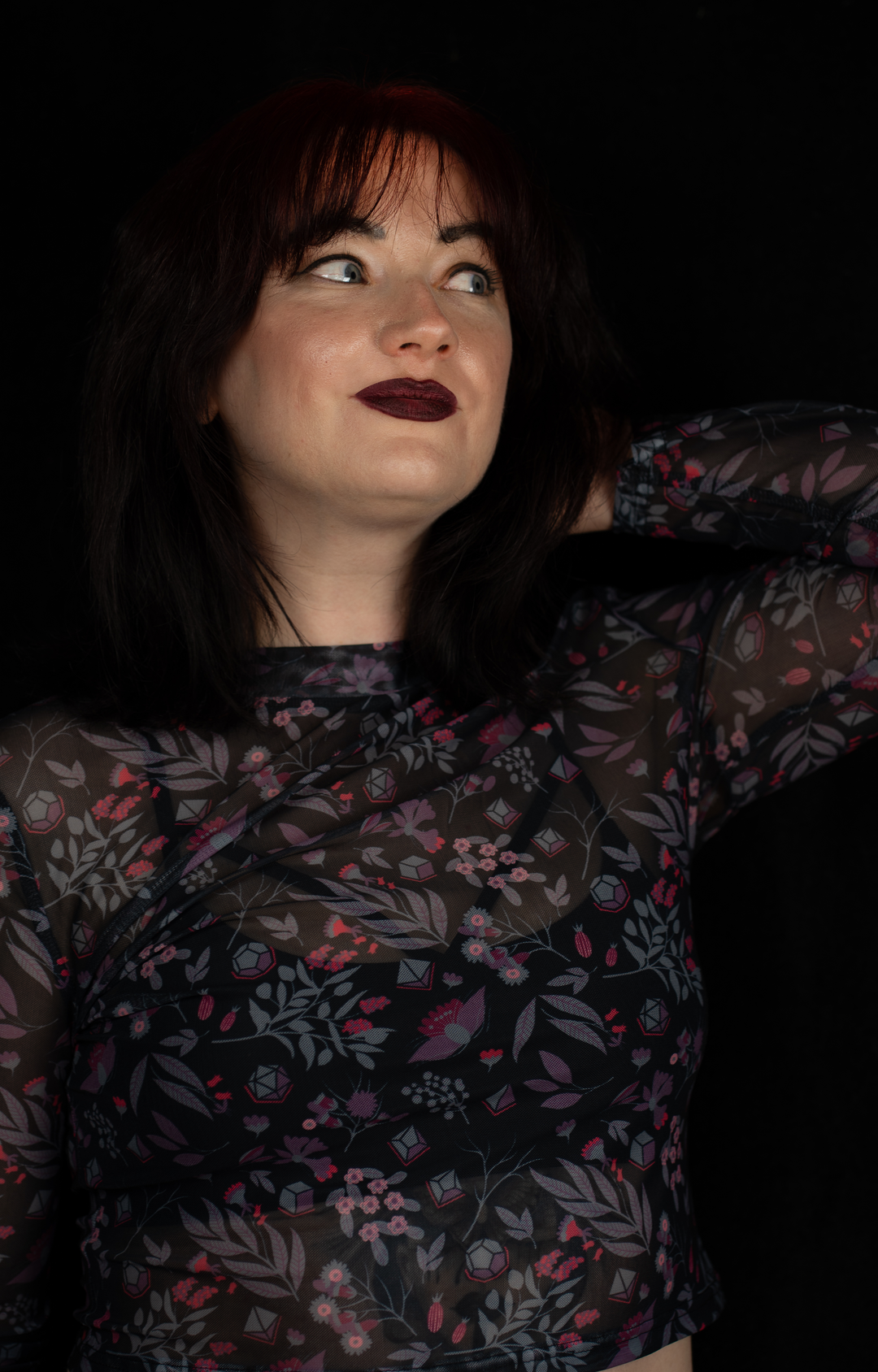 Dice Mesh Crop Top: Dark Floral