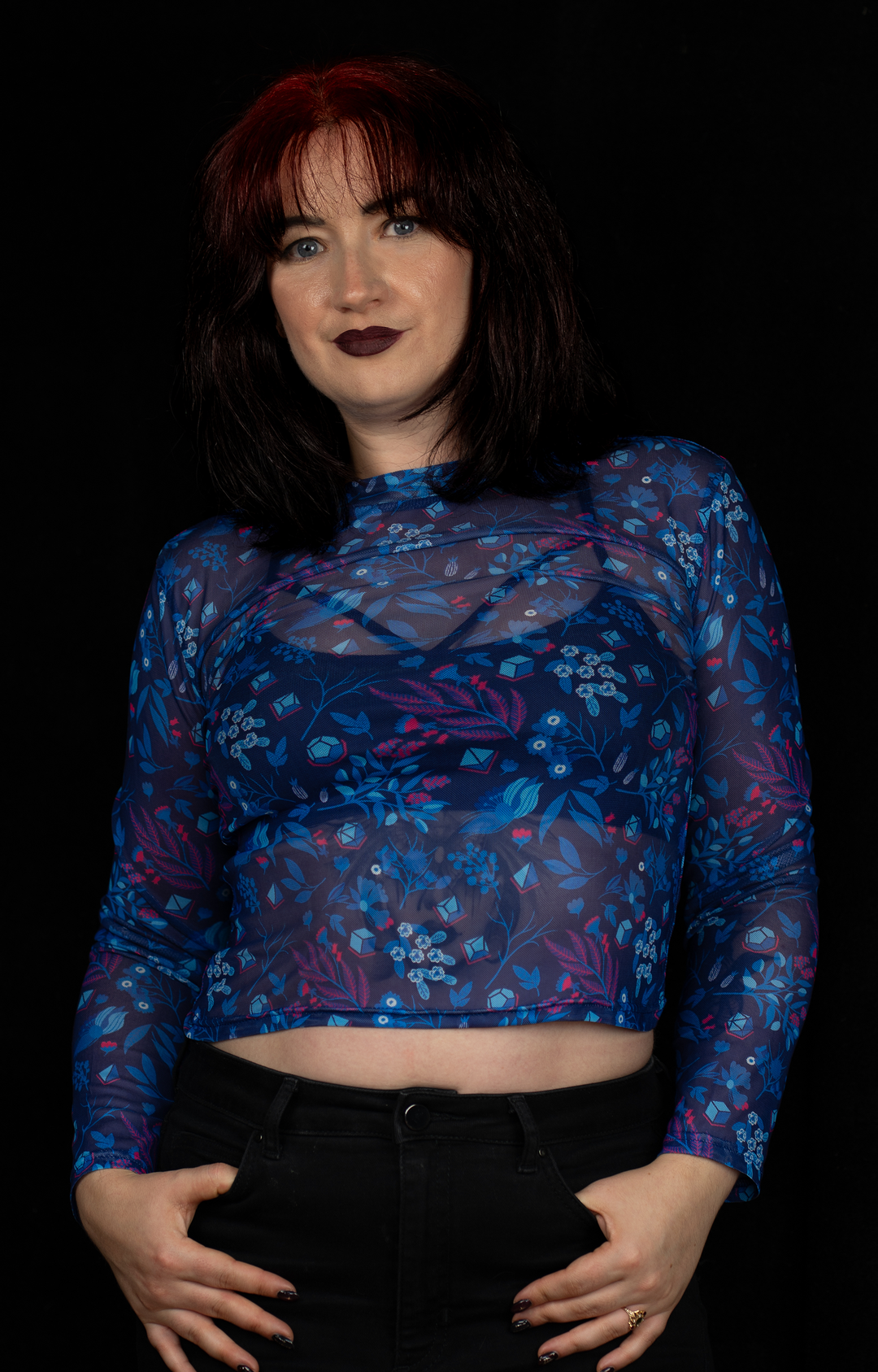 Dice Mesh Crop Top: Blue Floral