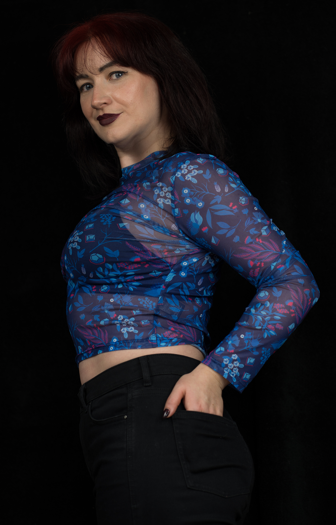 Dice Mesh Crop Top: Blue Floral