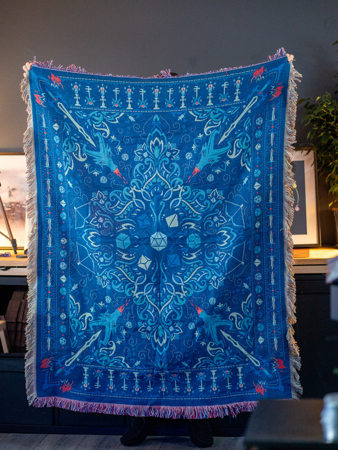 Woven Cotton Tapestry Blanket – Polyhedral Dice Fantasy TTRPG Home Decor