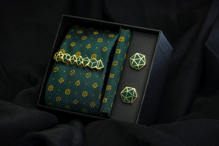 Necktie and Cufflink Gift Box - Green and Gold