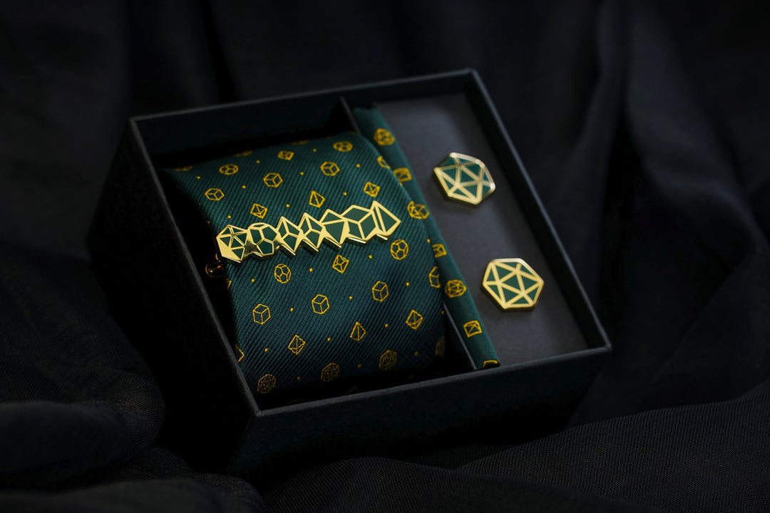 Necktie and Cufflink Gift Box - Green and Gold