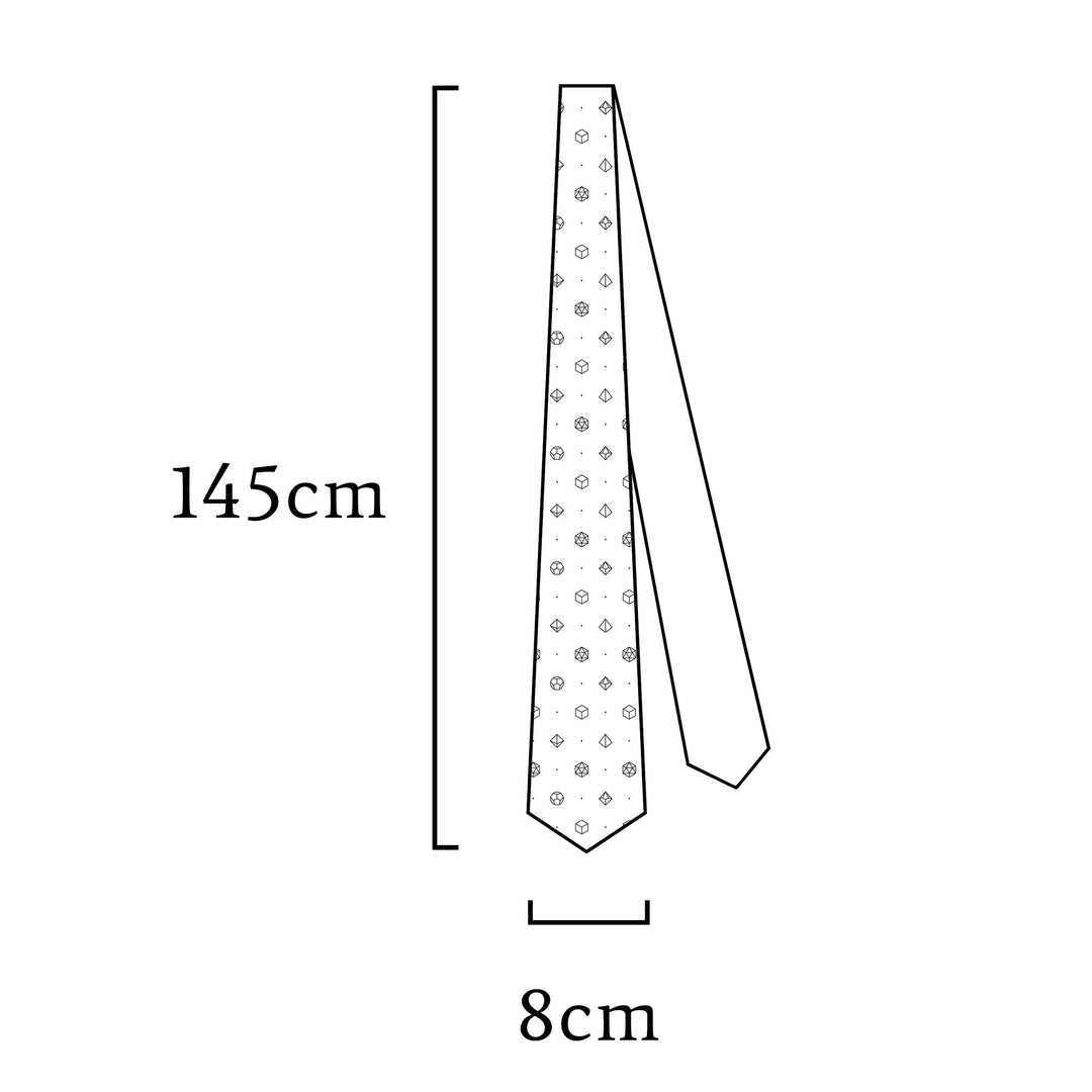 Diagram showing the dimensions of the polyhedral dice necktie: 145 cm in length and 8 cm in width. Suitable for D&D fans who appreciate RPG-themed formal accessories.