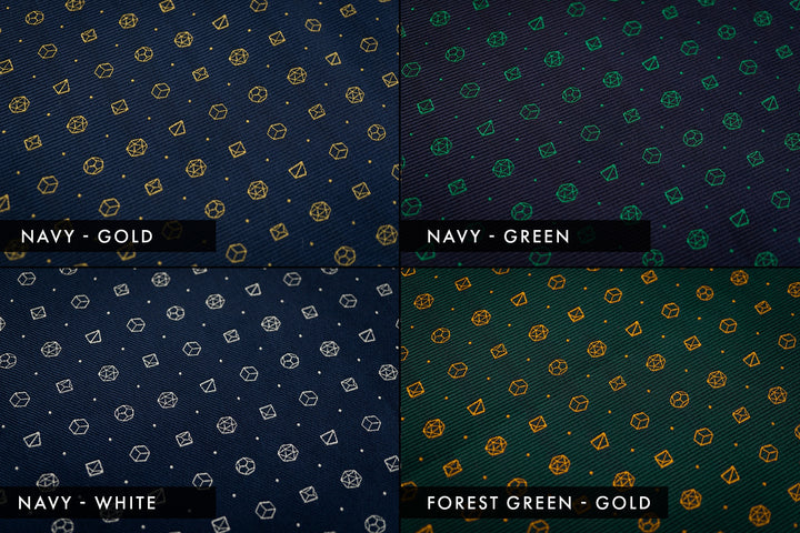 Polyhedral dice necktie in four colors: navy-gold, navy-green, navy-white, and forest green-gold. Great for D&D players who want color options in their fantasy-inspired formal wear.