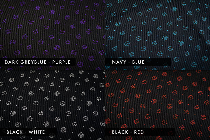 Polyhedral dice necktie in darker shades with four variations: dark greyblue-purple, navy-blue, black-white, and black-red. Ideal for TTRPG enthusiasts looking for sophisticated fantasy accessories.