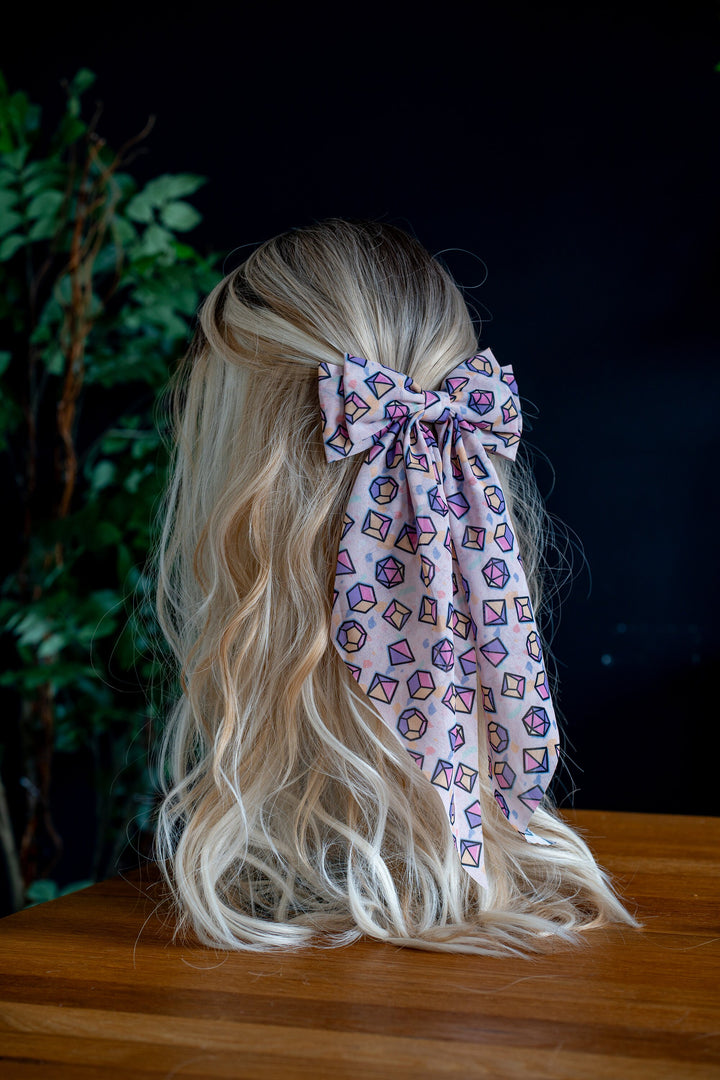 Beautiful TTRPG Hair Bow Clip - Dice Hair Accessory - Barrette-Style Hair Bow - Long Tail Hair Bow - Pastel