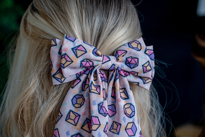 Beautiful TTRPG Hair Bow Clip - Dice Hair Accessory - Barrette-Style Hair Bow - Long Tail Hair Bow - Pastel