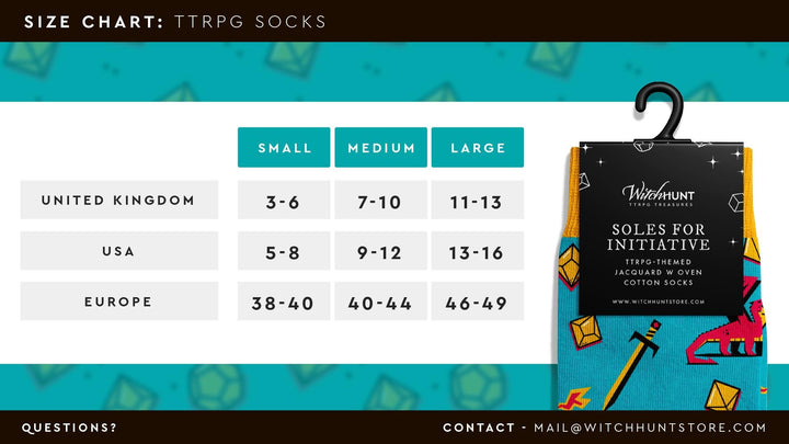 Dice Socks Size Chart - Small, Medium, Large